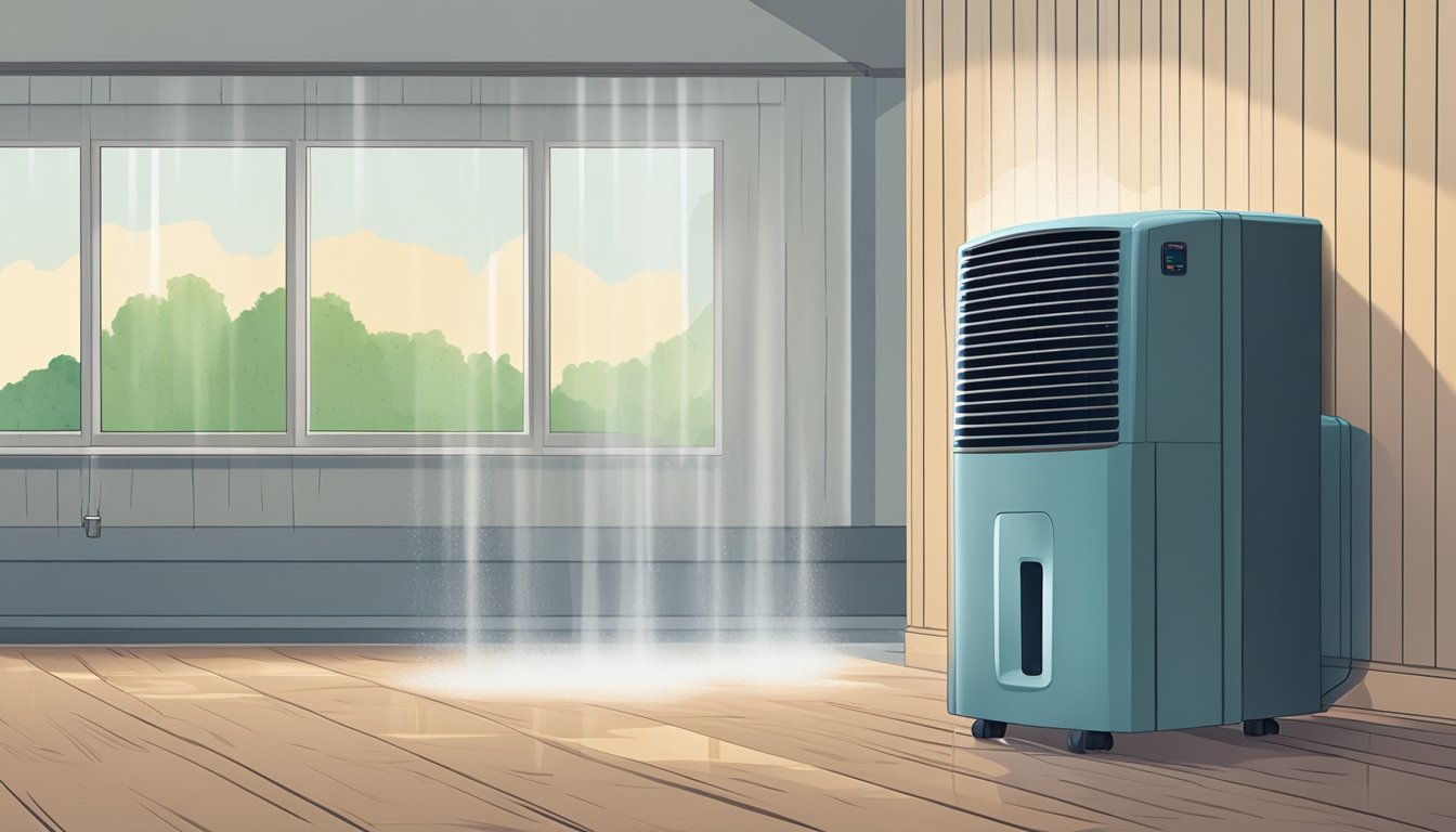 A dehumidifier sits in a damp basement, collecting moisture from the air. It hums softly as water droplets condense and drip into its reservoir