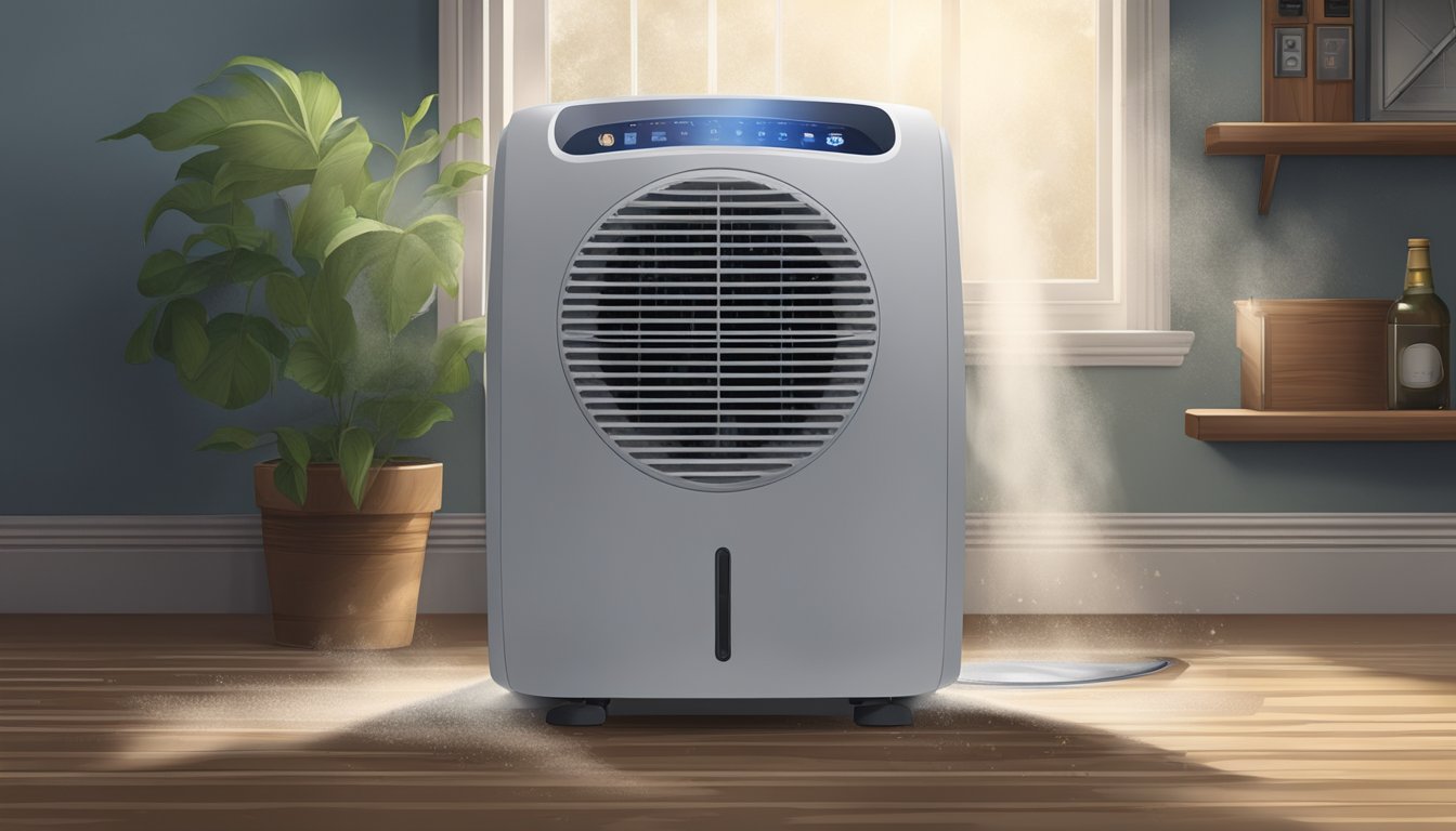 A dehumidifier sits in a damp basement, collecting moisture from the air. Its fan hums as it pulls in the humid air and releases dry air back into the room