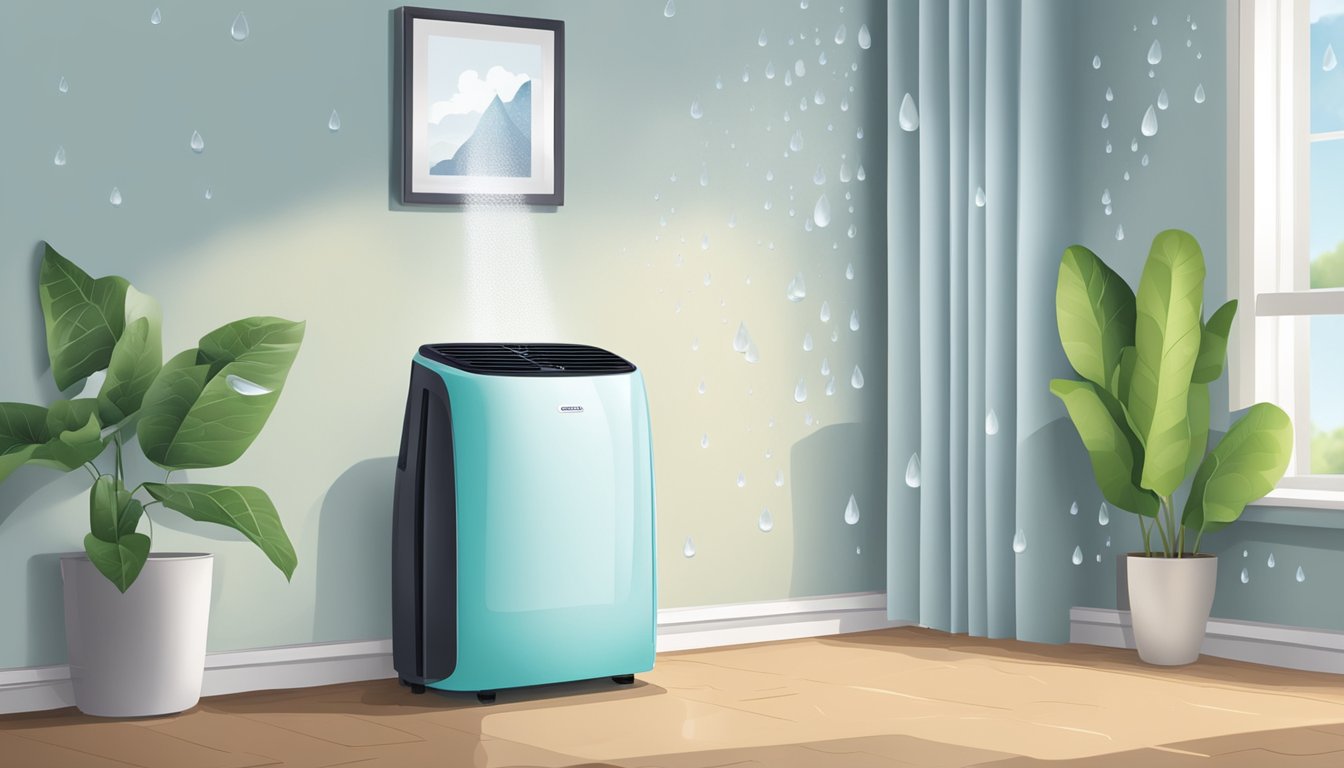 A dehumidifier sits in a damp room, removing moisture from the air. Water droplets collect in its tank, while the air becomes drier and more comfortable