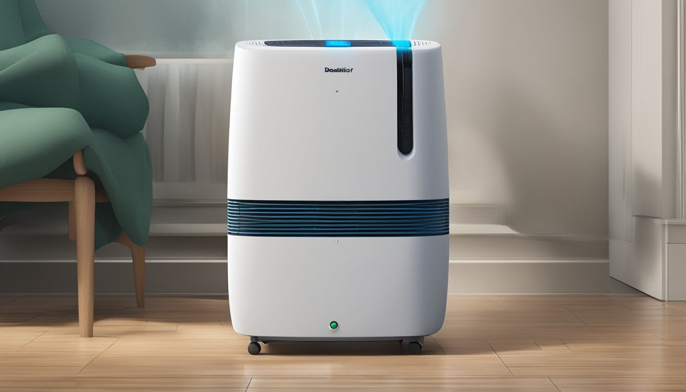 A dehumidifier sits in a damp room, pulling moisture from the air. It hums softly as water collects in its reservoir