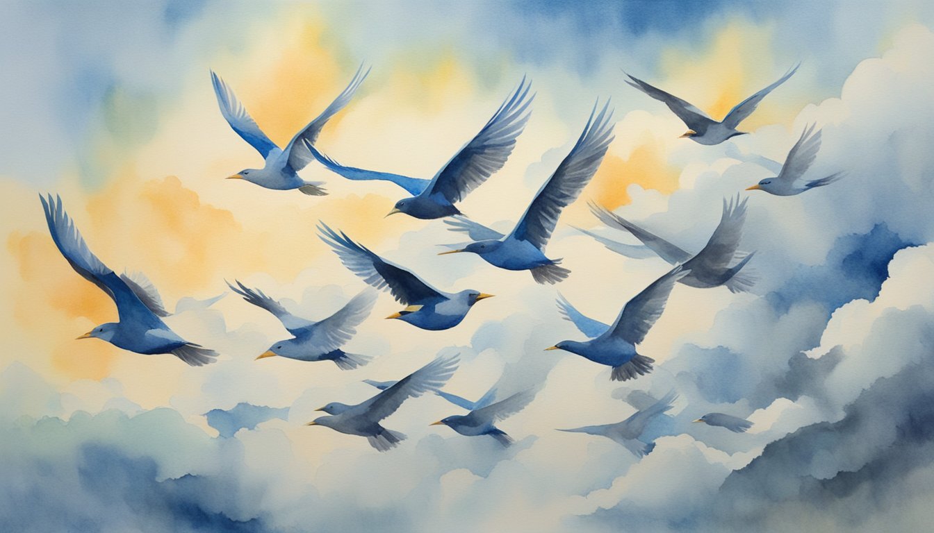 Birds soar in a V-formation, with one leader at the front and others following closely behind.</p><p>The sky is filled with the graceful motion of wings, as the birds navigate through the open air