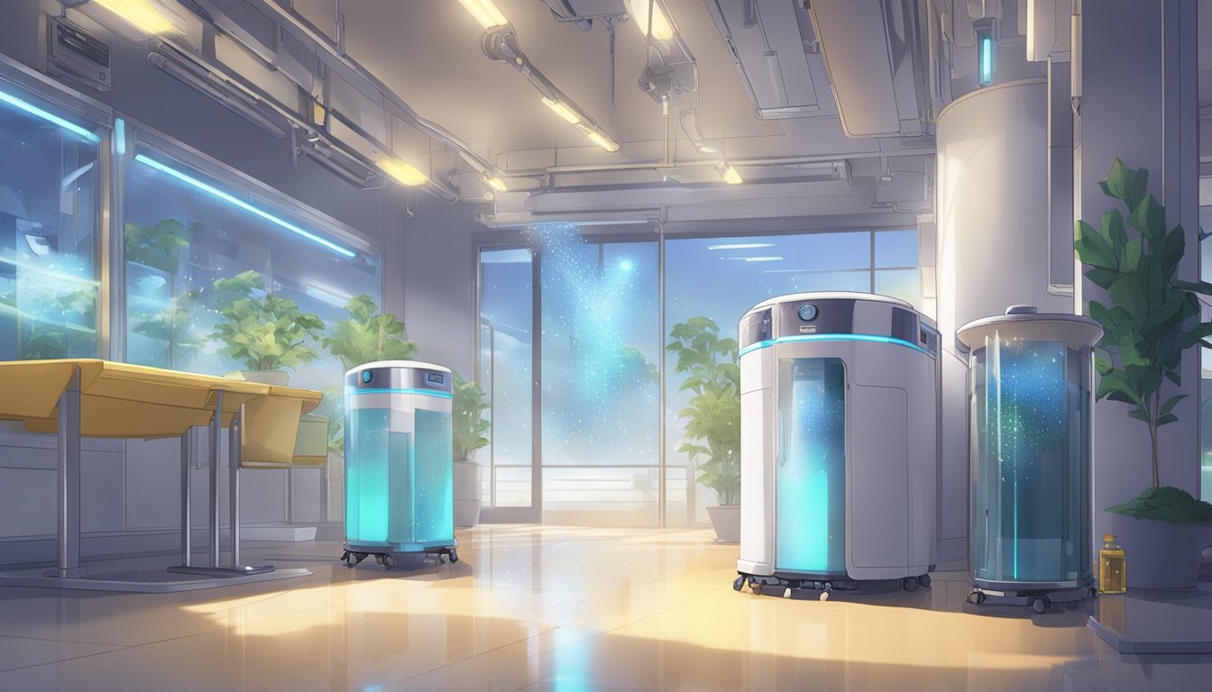 An automated cleaning robot sprays a mist of disinfectant onto surfaces, while a UV-C light device zaps away germs, creating a sparkling, sanitized environment