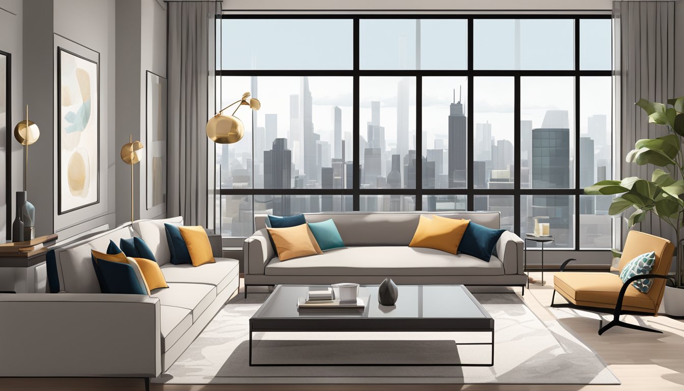 A modern condo living room with a sleek sofa, coffee table, and large windows overlooking a city skyline. A neutral color palette with pops of vibrant accents