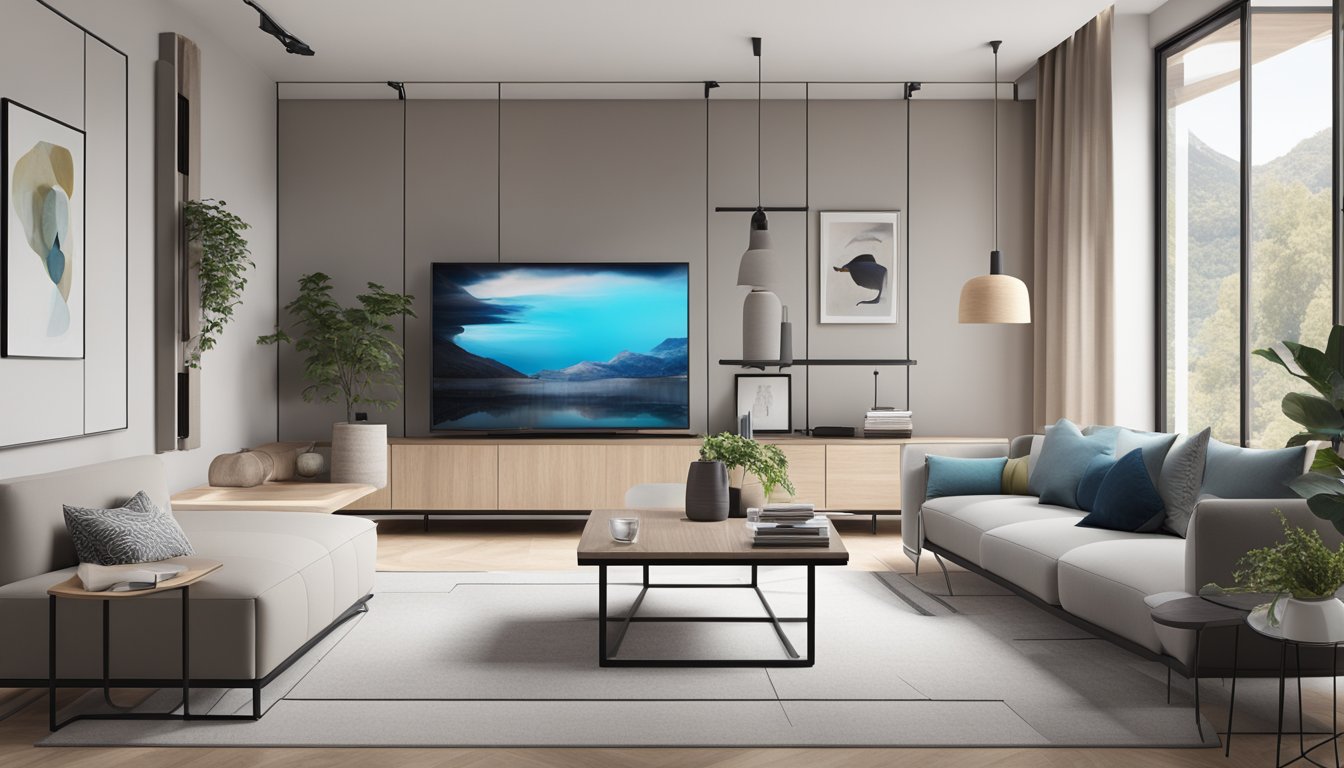 A sleek, modern living room with minimalistic furniture, neutral colors, and strategic storage solutions to maximize space