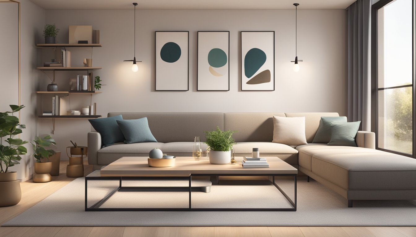 A modern living room with cozy seating, ambient lighting, and functional storage. The space features sleek furniture, a neutral color palette, and large windows for natural light