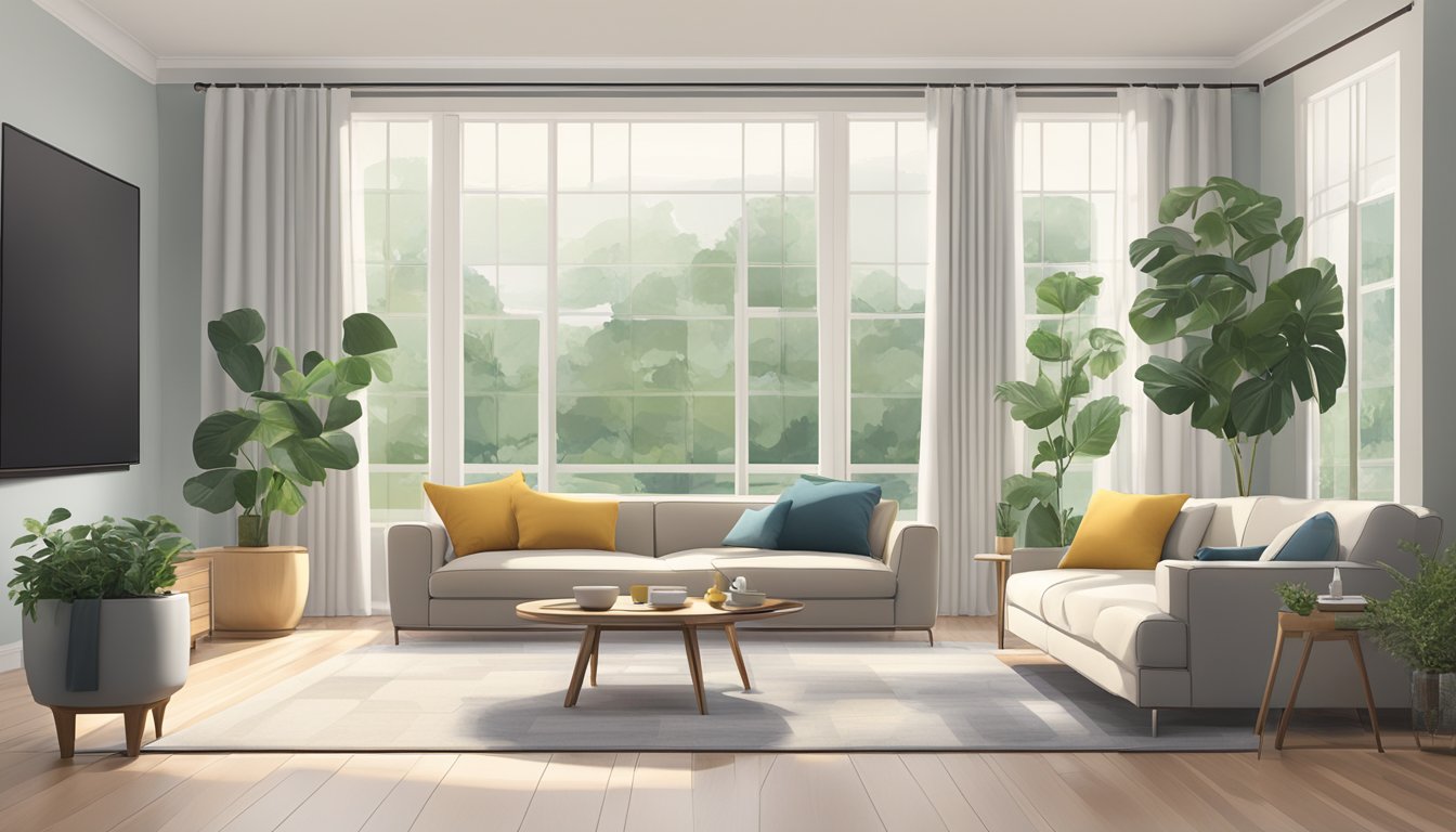 A modern living room with a sleek sofa, coffee table, and wall-mounted TV. Large windows let in natural light, and a potted plant adds a touch of greenery
