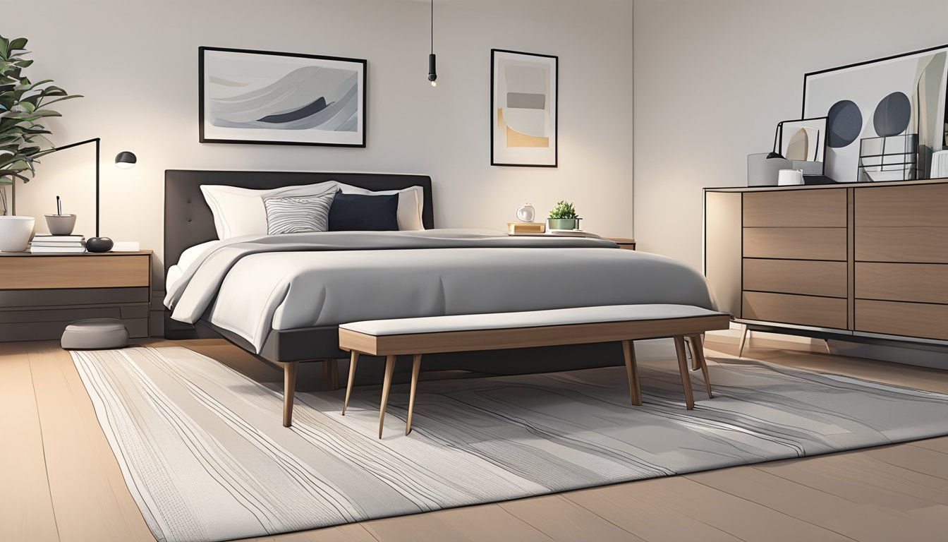 A clutter-free bedroom with simple furniture, neutral colors, and clean lines. A platform bed with crisp white sheets, a sleek nightstand, and a few carefully chosen decor items