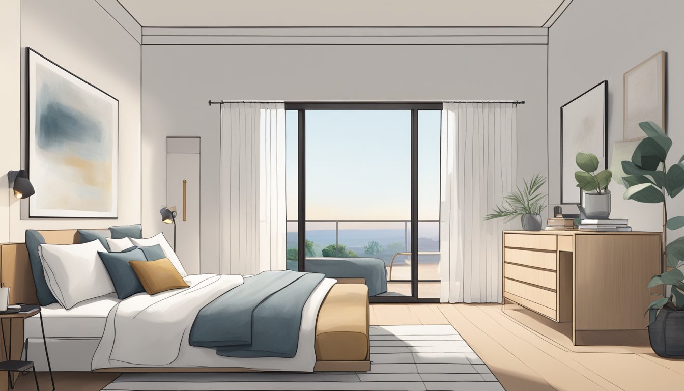 A tidy, uncluttered bedroom with clean lines, neutral colors, and minimal furniture. A simple bed with crisp white linens, a sleek nightstand, and a few carefully chosen decor items