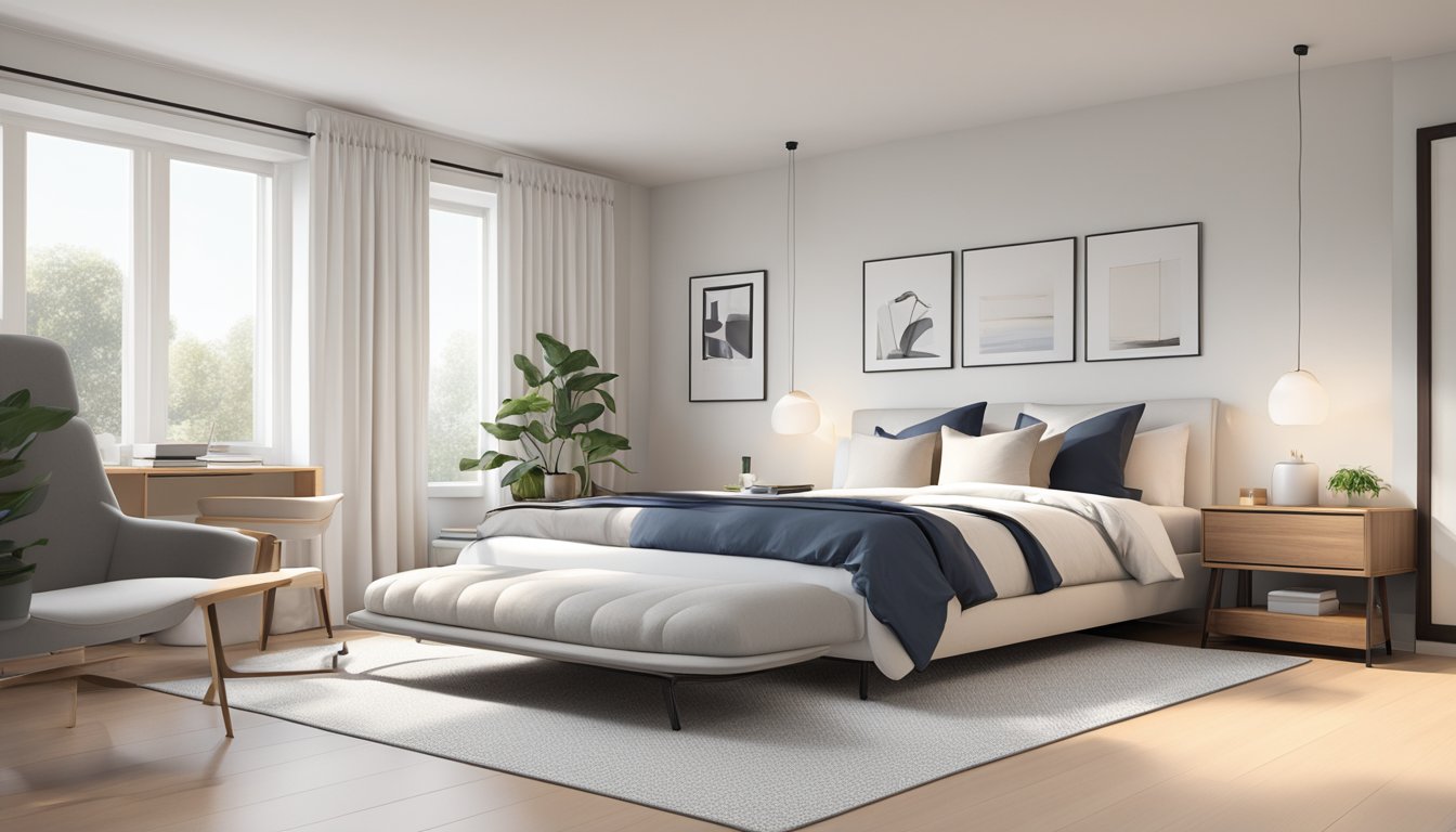 A simple, clutter-free bedroom with clean lines, neutral colors, and minimal furniture. A bed with crisp white sheets, a sleek desk with a single chair, and a few select decorative items
