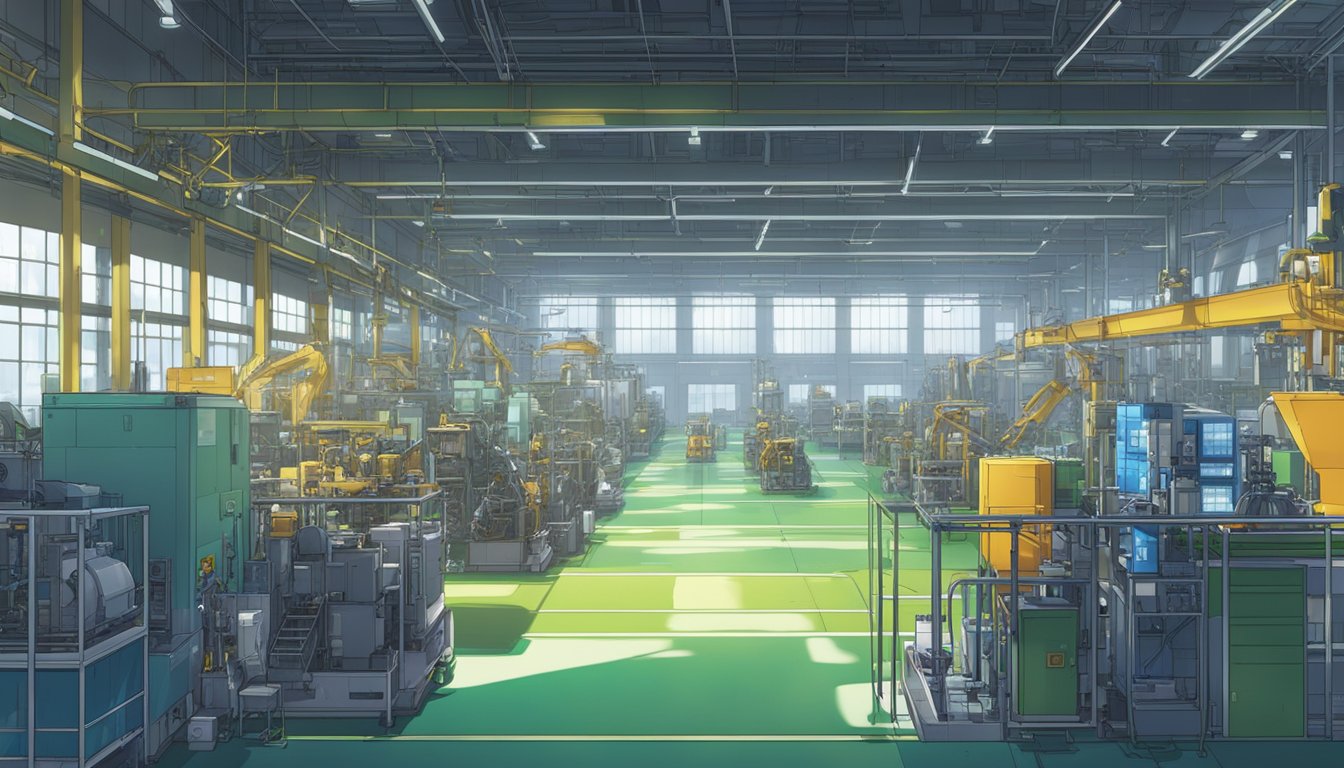 A factory floor with modern machinery, LED lighting, and recycling stations. Efficient production processes and sustainable materials used