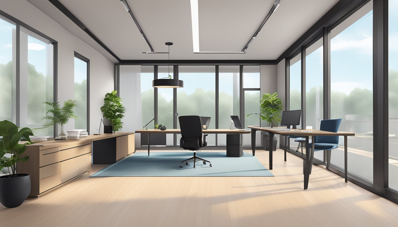 A modern interior design office with sleek furniture, large windows, and minimalist decor