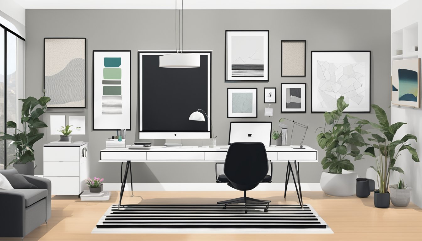 A modern, sleek interior design office with clean lines, minimalist furniture, and pops of color. A large mood board on the wall showcases various design inspirations