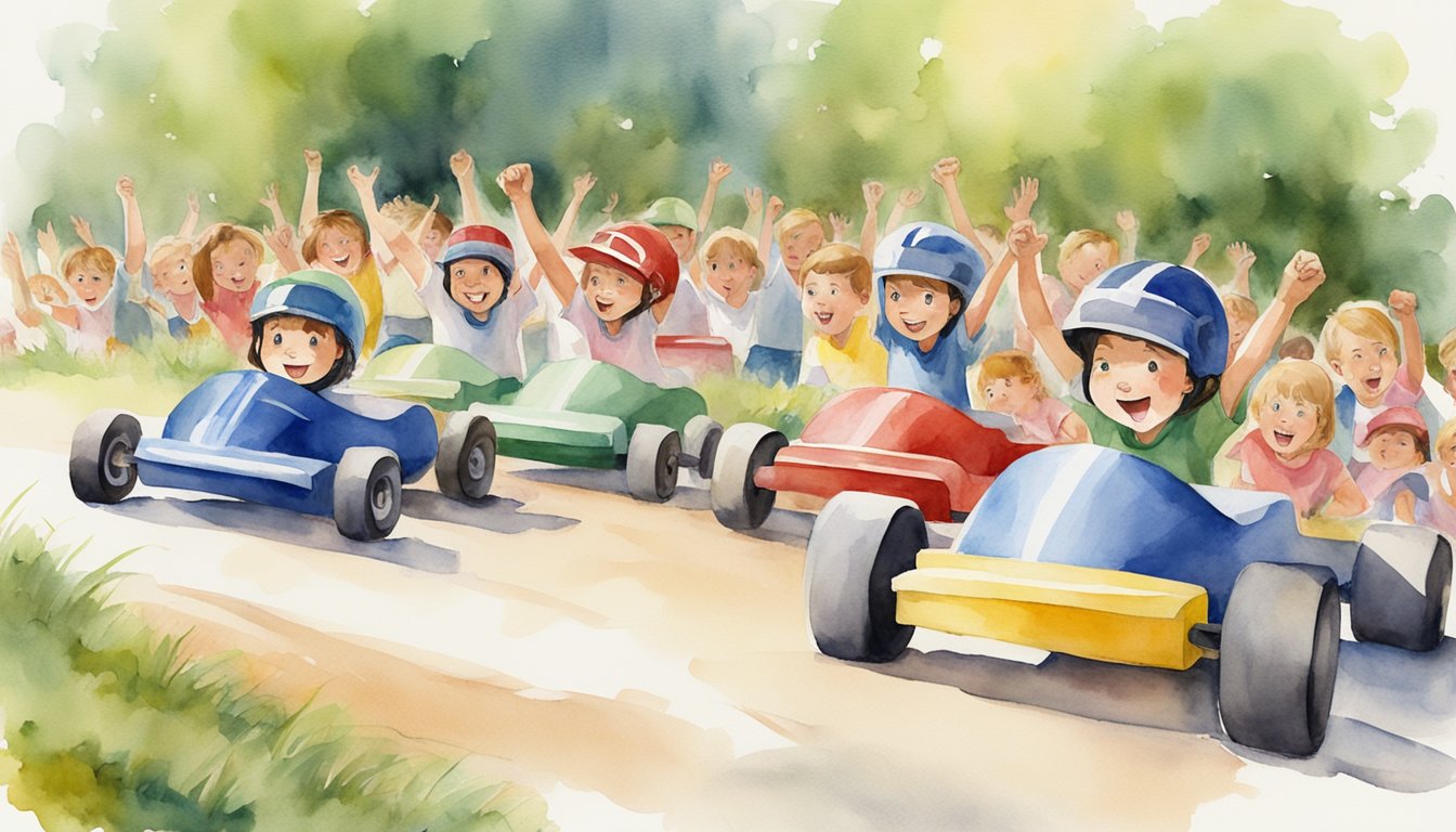 Children cheering as soap box derby cars race down a hill, showcasing innovation and creativity in education and culture