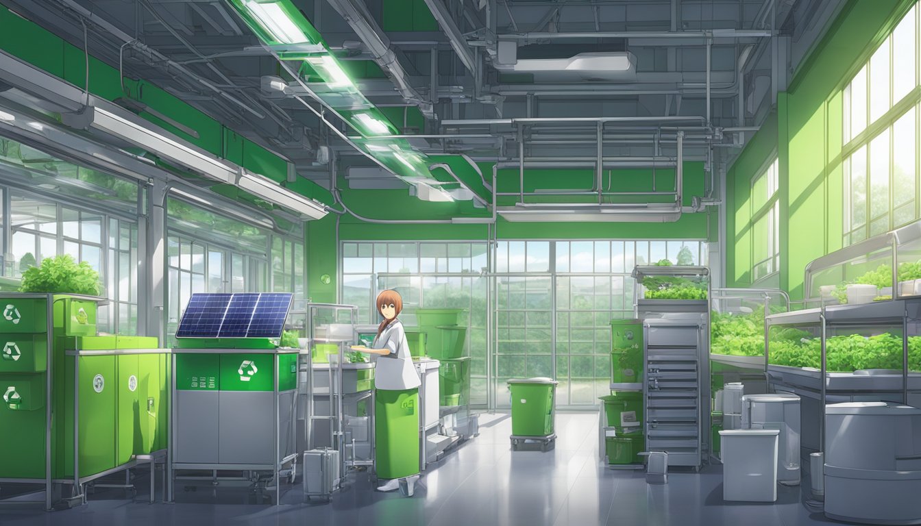 A sex doll factory with solar panels and recycling bins. LED lights and energy-efficient machinery. Green materials and sustainable packaging