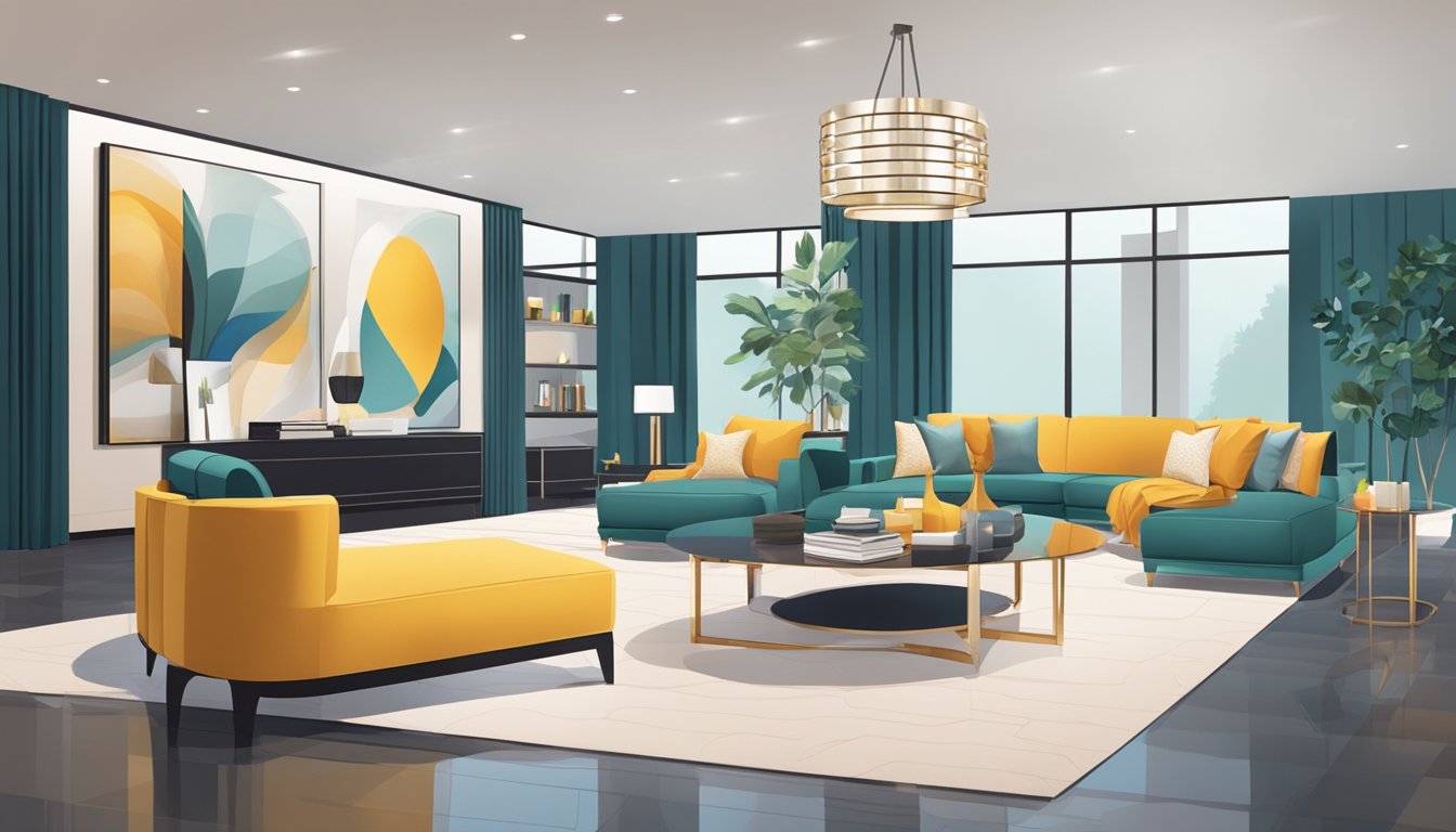 A stylish and modern interior design showroom with sleek furniture, vibrant color palettes, and chic decor displays