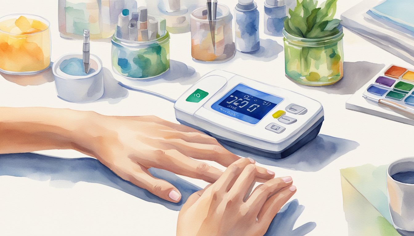 A hand reaches for a sleek, modern glucose monitor on a clean, organized desk with a bright, well-lit background