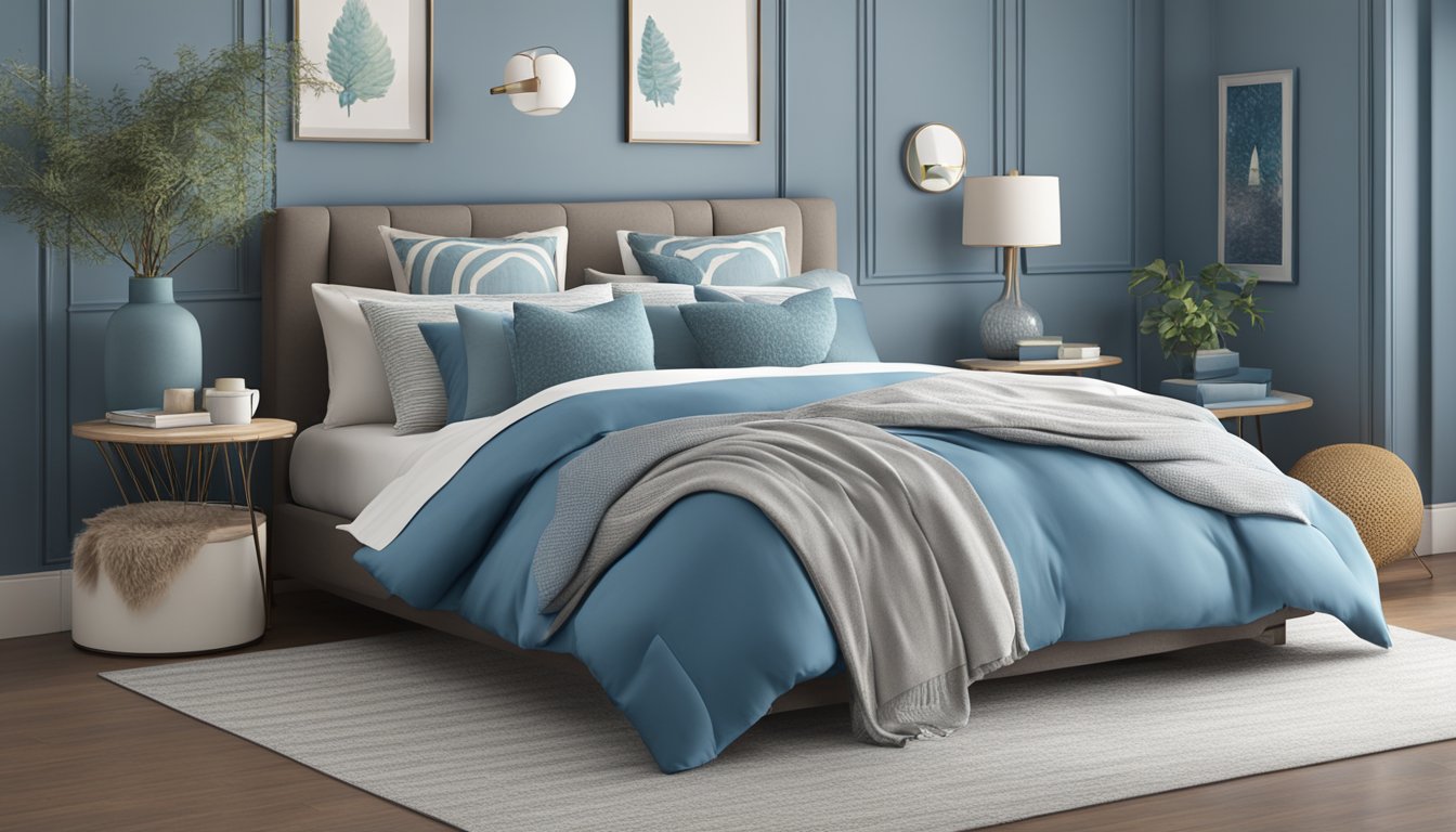 A cozy bedroom with a neatly made bed, featuring a plush comforter in a soothing shade of blue, accented with decorative pillows