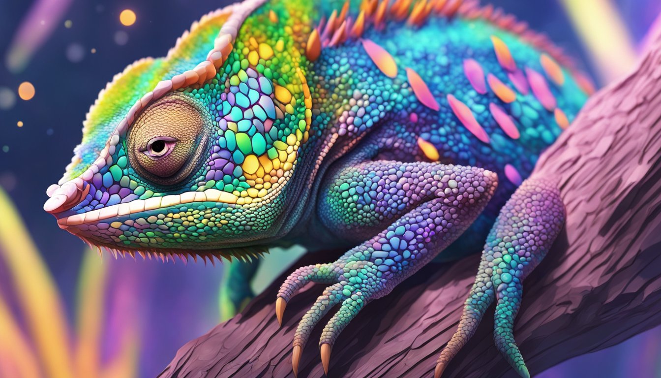 A chameleon-like material changes color to match its surroundings, demonstrating advanced thermal regulation technology