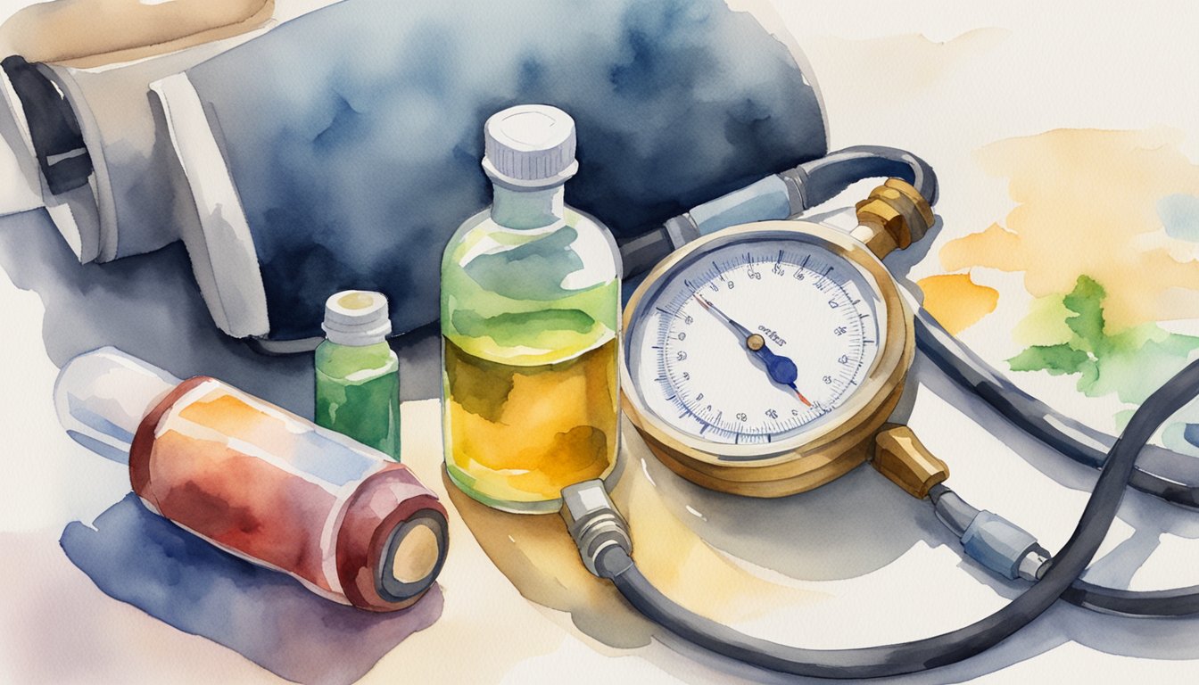 A bottle of THC oil sits next to a blood pressure monitor, showing a decrease in readings