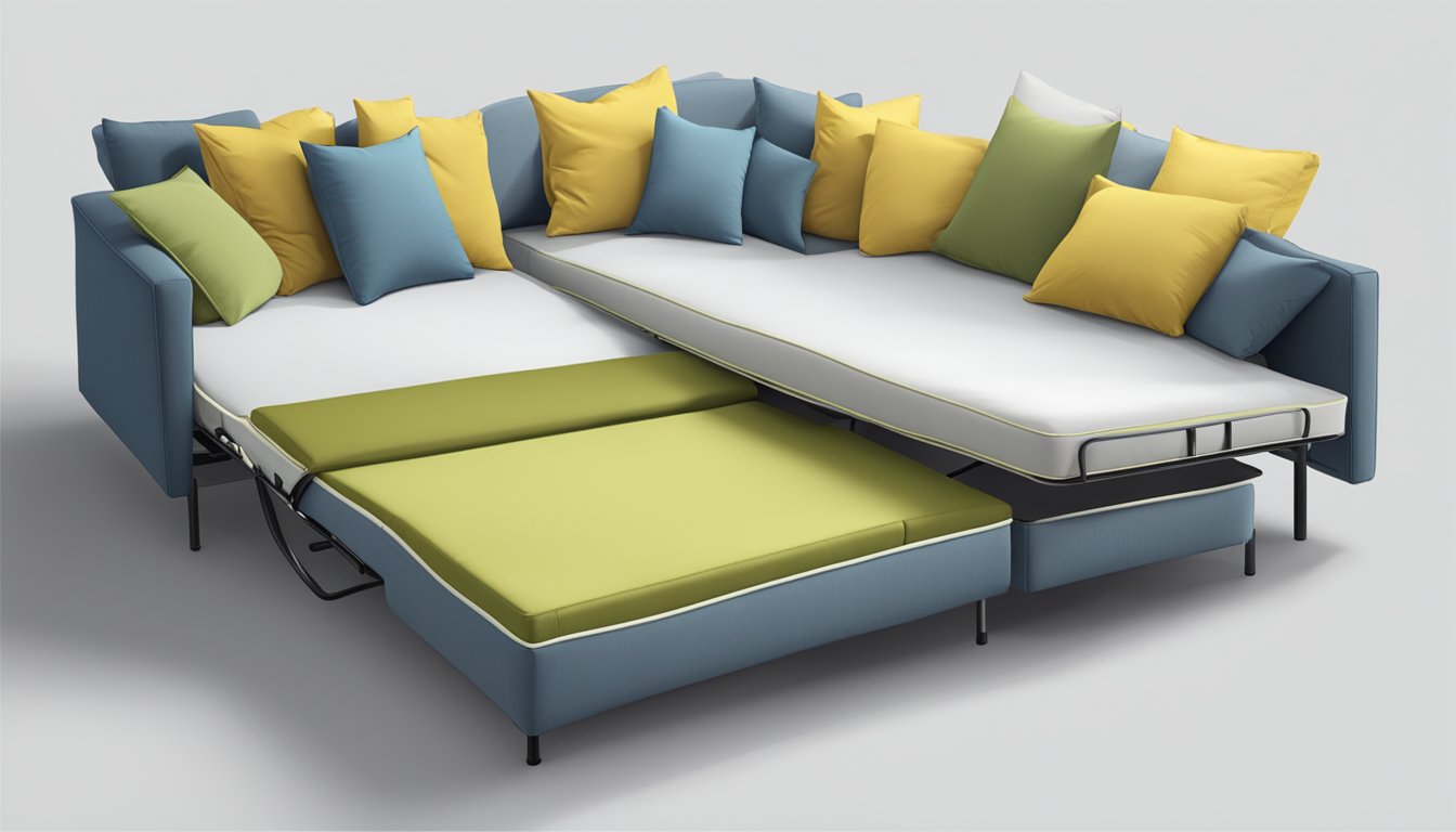 A sofa bed unfolded to full size, with cushions arranged neatly