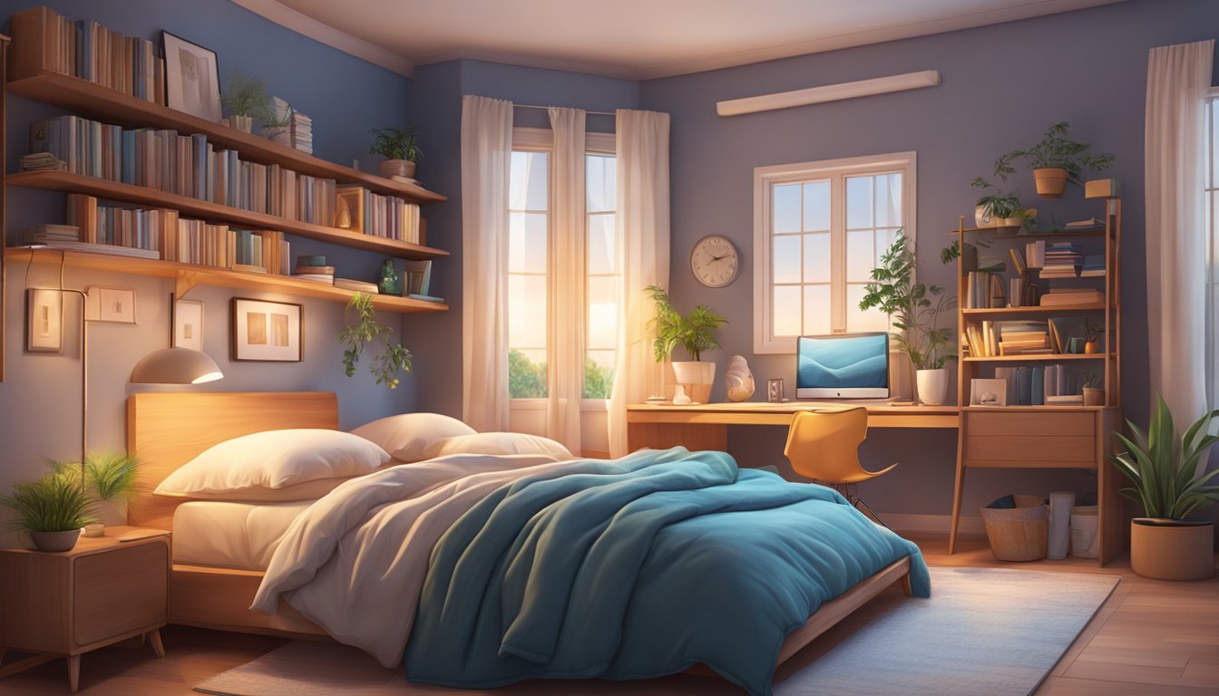 A cozy bedroom with shelves of colorful comforters, soft lighting, and a welcoming atmosphere