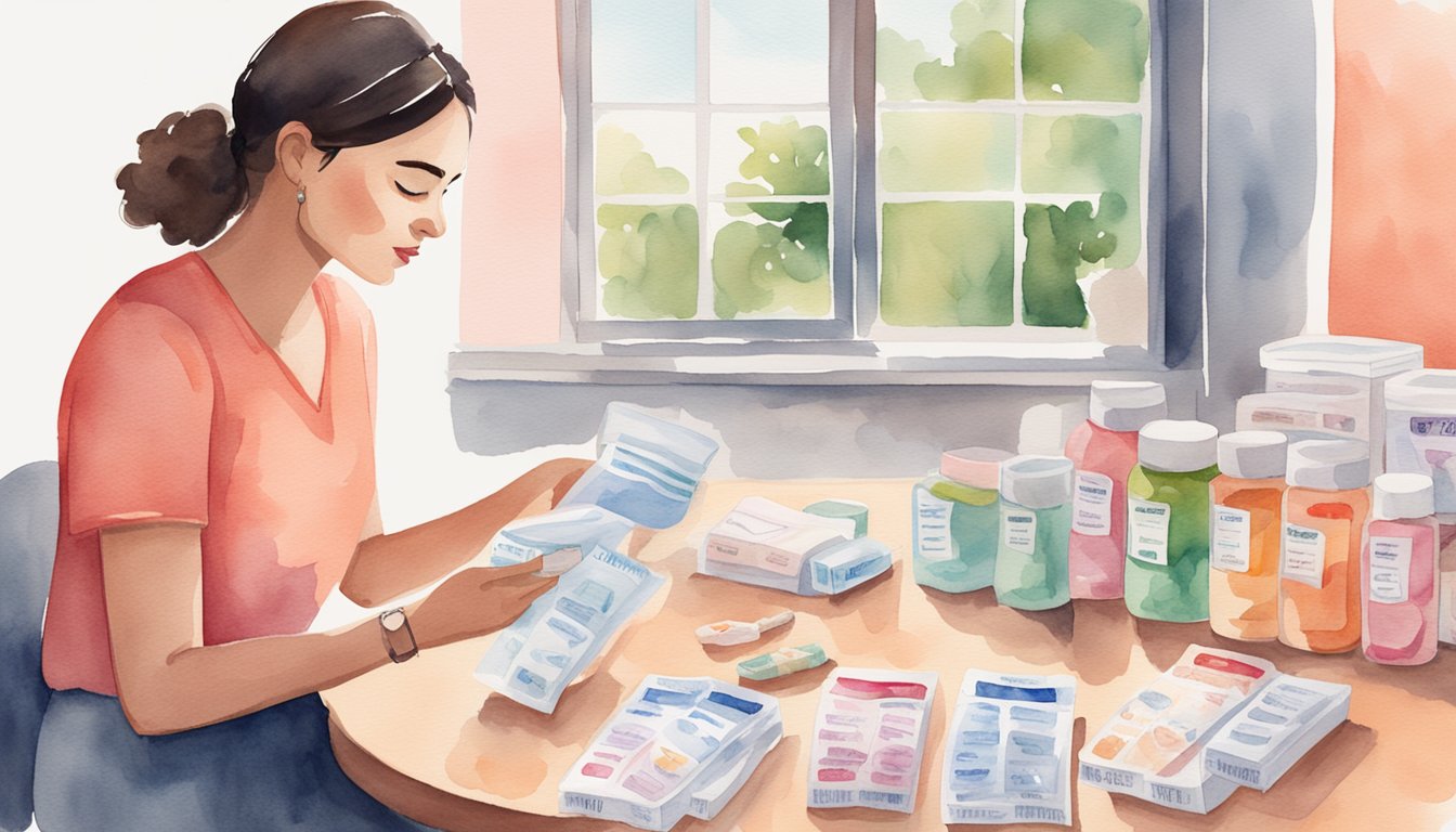 A woman holds a pack of ibuprofen while considering other options for managing her period.</p><p>She looks at a calendar and a variety of menstrual products