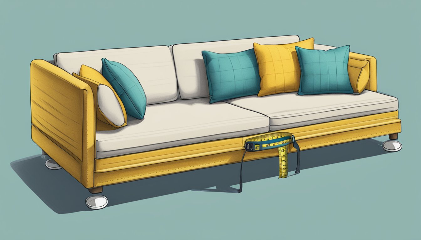 A sofa bed with a tape measure next to it, indicating the size