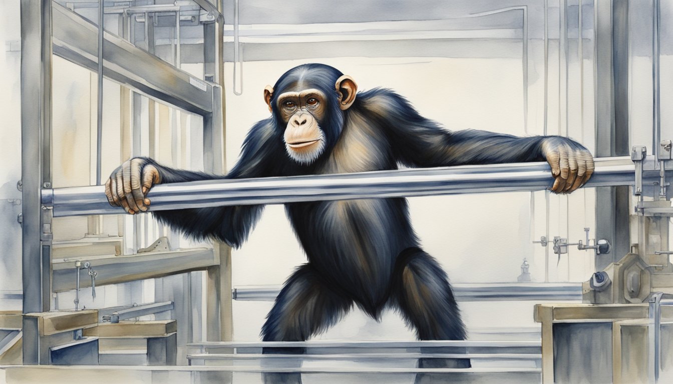 A chimpanzee effortlessly bends a thick metal bar in a research lab, showcasing its immense strength