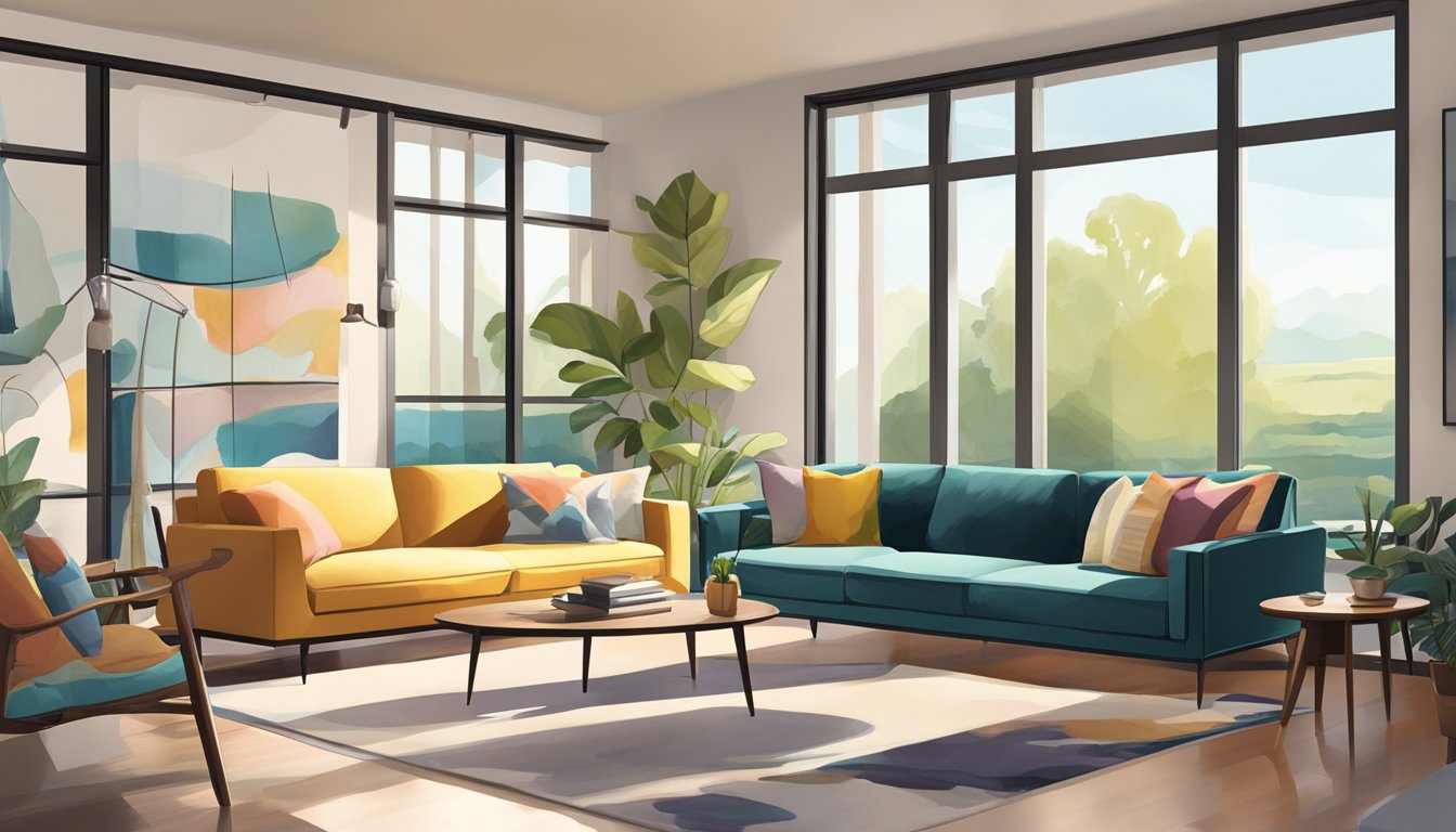 A modern living room with sleek furniture, bold colors, and abstract artwork on the walls. Natural light floods the space through large windows, creating a warm and inviting atmosphere