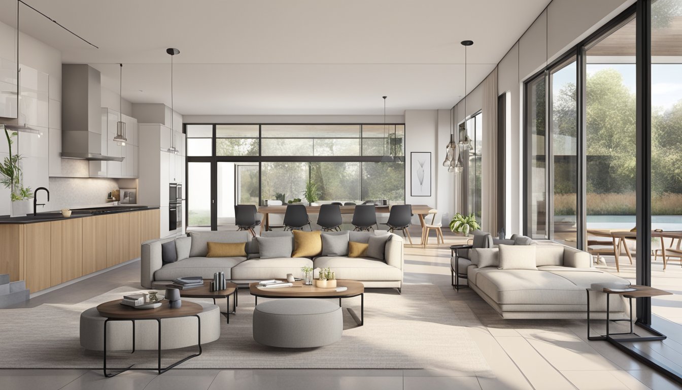 An open floor plan with modern furniture and neutral color palette. Large windows let in natural light, showcasing the clean lines and minimalist aesthetic