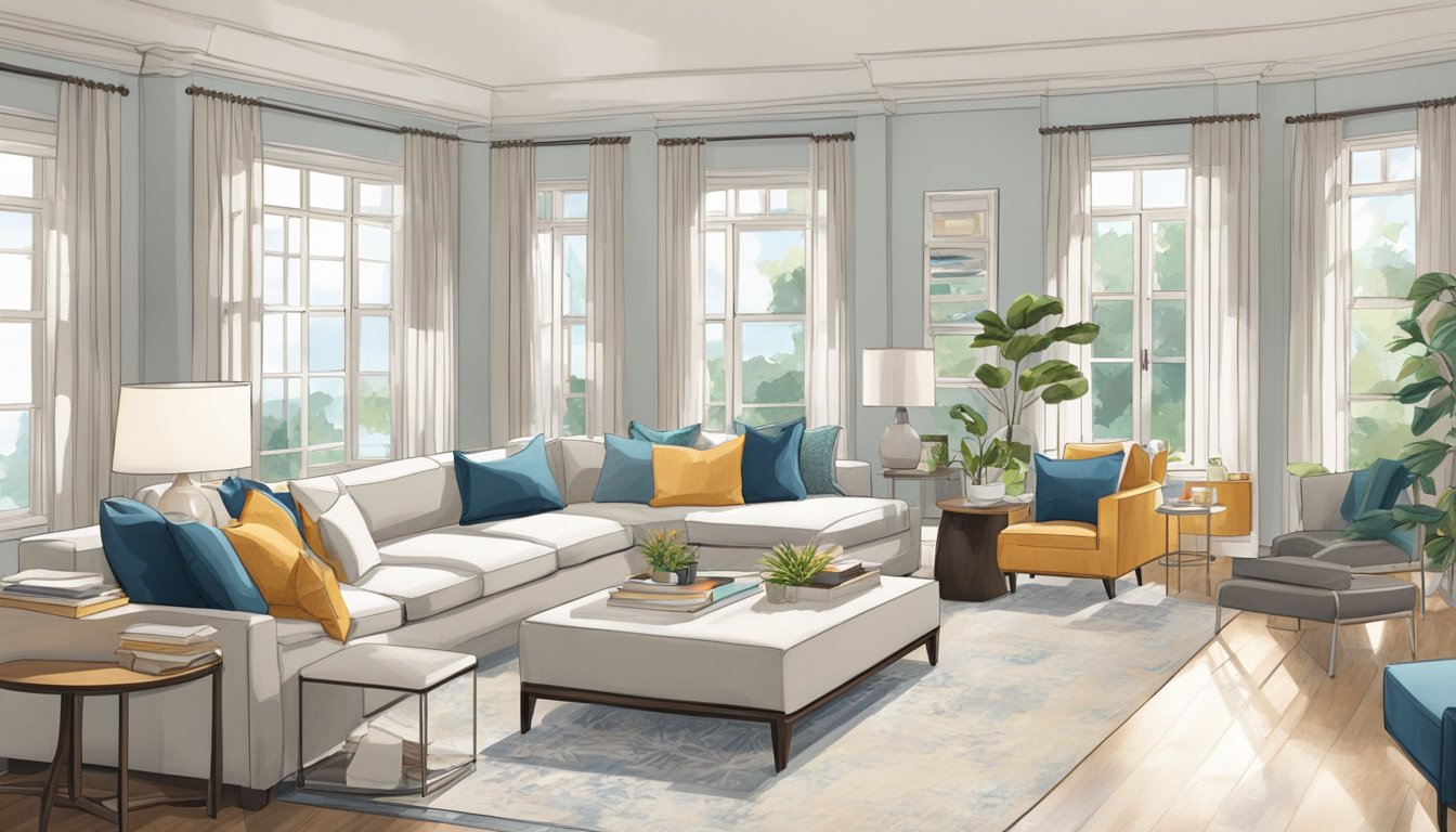 A spacious, light-filled room with modern furniture and vibrant accents. Blueprints and fabric swatches scatter the table as designers confer over layout plans