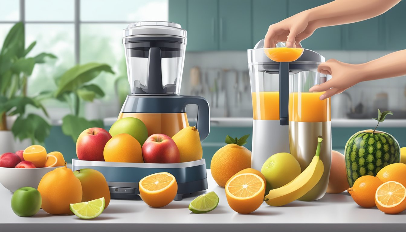 A hand reaches for a sleek fruit juice blender on a kitchen counter, surrounded by fresh fruits and a bottle of juice