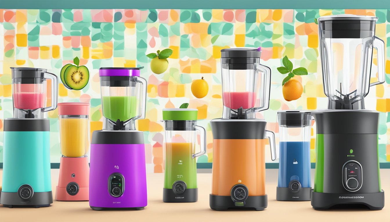 A colorful array of fruit juice blenders on display, with user recommendations and top picks highlighted