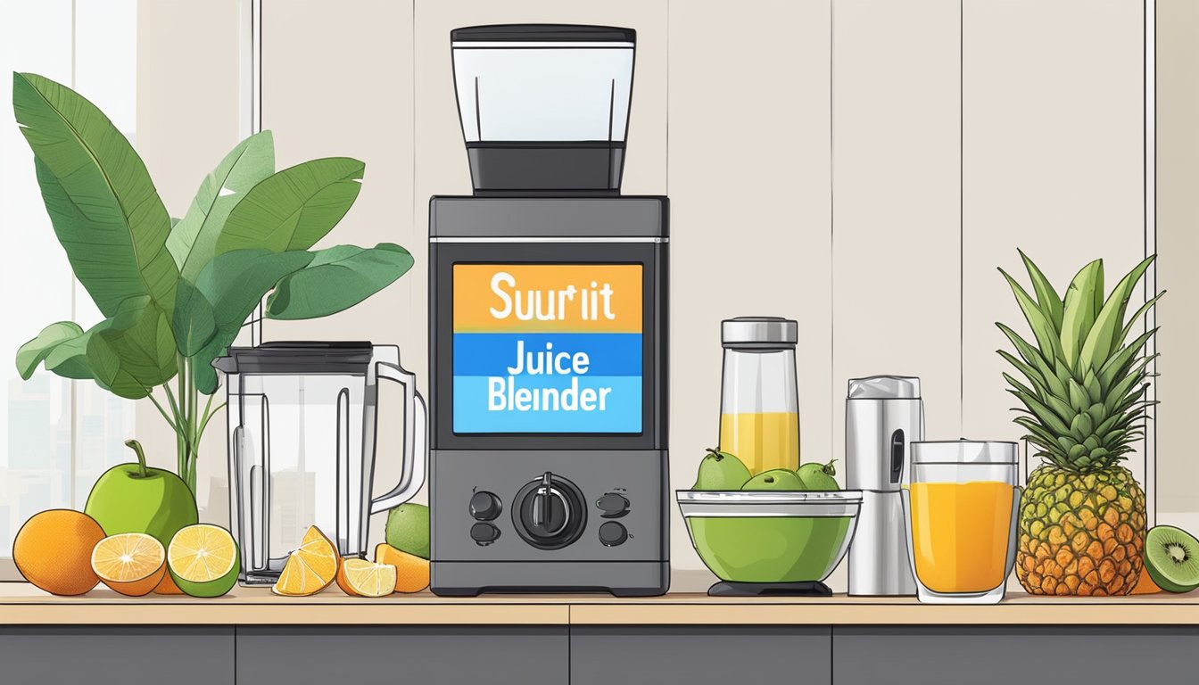 A modern kitchen countertop with a sleek fruit juice blender, surrounded by various fresh fruits and a bottle of juice, with the words "Frequently Asked Questions fruit juice blender singapore" displayed on a digital screen