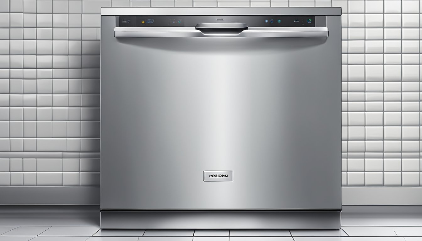 A stainless steel dishwasher, 24 inches wide, 35 inches tall, and 24 inches deep, sits against a white tiled wall, with a silver handle and control panel on the front