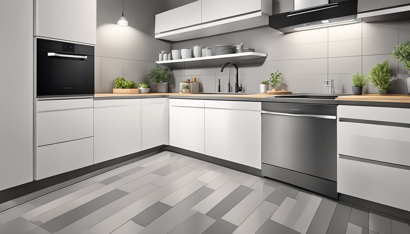 A modern kitchen with a sleek, stainless steel dishwasher installed under the countertop, with dimensions clearly visible for reference