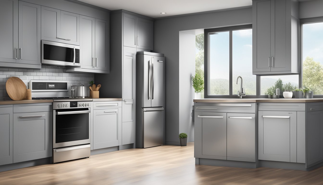 A dishwasher with standard dimensions sits in a clean, modern kitchen. The appliance is sleek and silver, with a digital display and buttons on the front panel