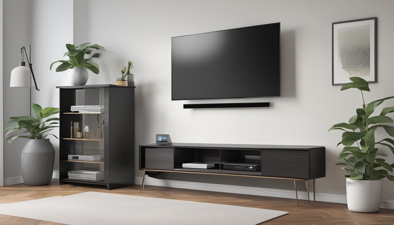 A sleek TV console, 60 inches long, 20 inches deep, and 30 inches tall, sits against a white wall, with a large flat-screen TV mounted above it