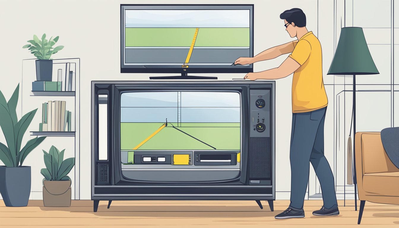 A person measures a TV console, comparing dimensions with a tape measure and examining the design