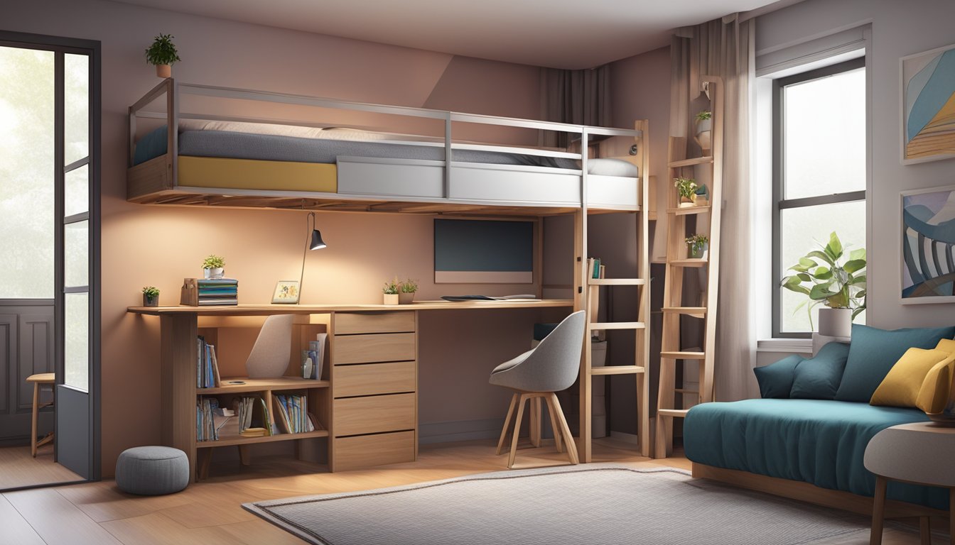 A loft bed in a cozy HDB room, with a ladder leading up to the elevated sleeping area, and a desk or seating area underneath