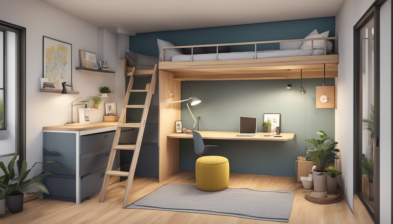 A loft bed is being assembled in a cozy HDB apartment, with a ladder leading up to the elevated sleeping area. The bed is positioned against a wall, with storage compartments and a desk underneath