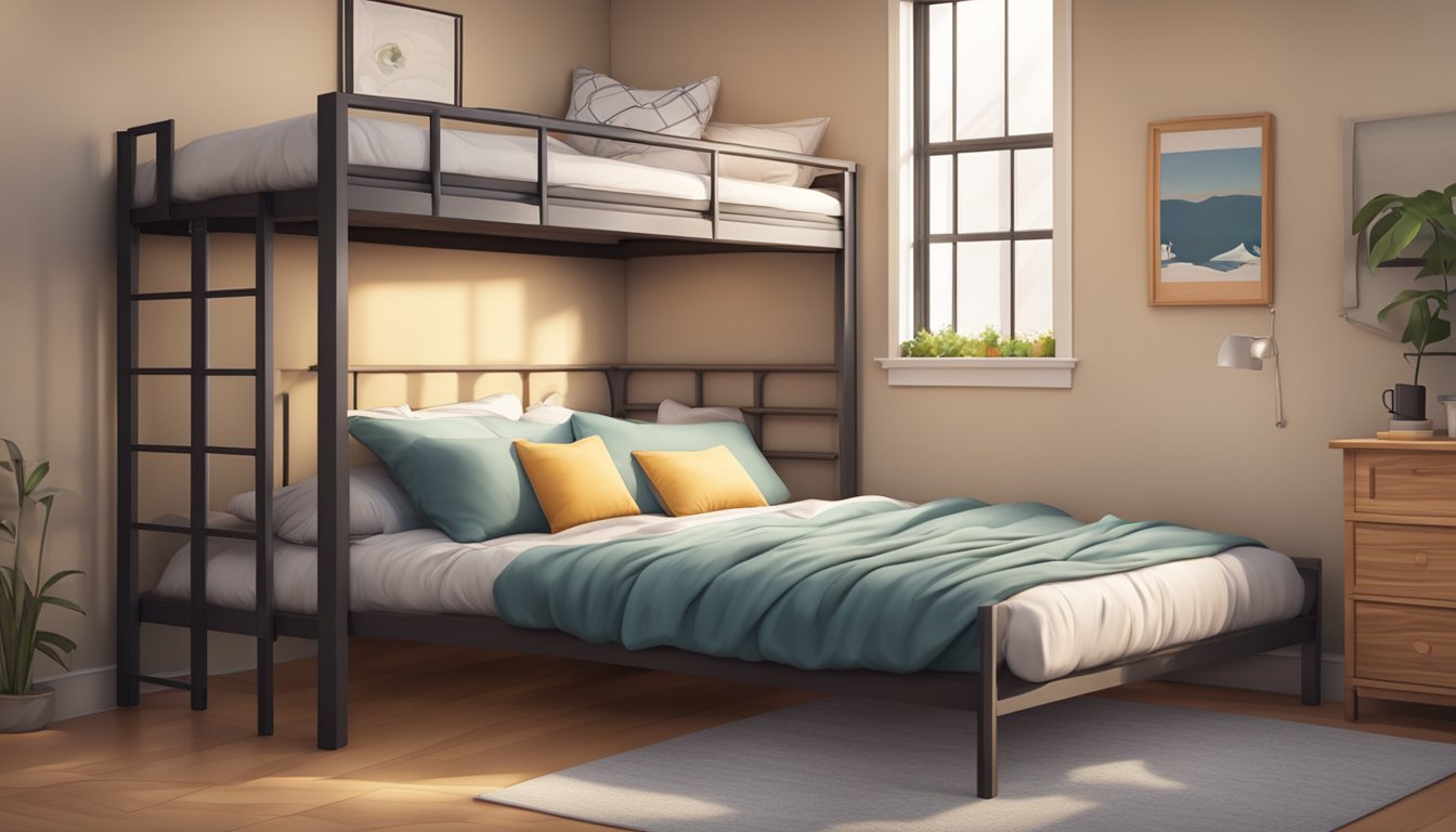 A loft bed with sturdy railings and a cozy mattress, surrounded by soft pillows and warm blankets, creating a safe and comfortable sleeping space