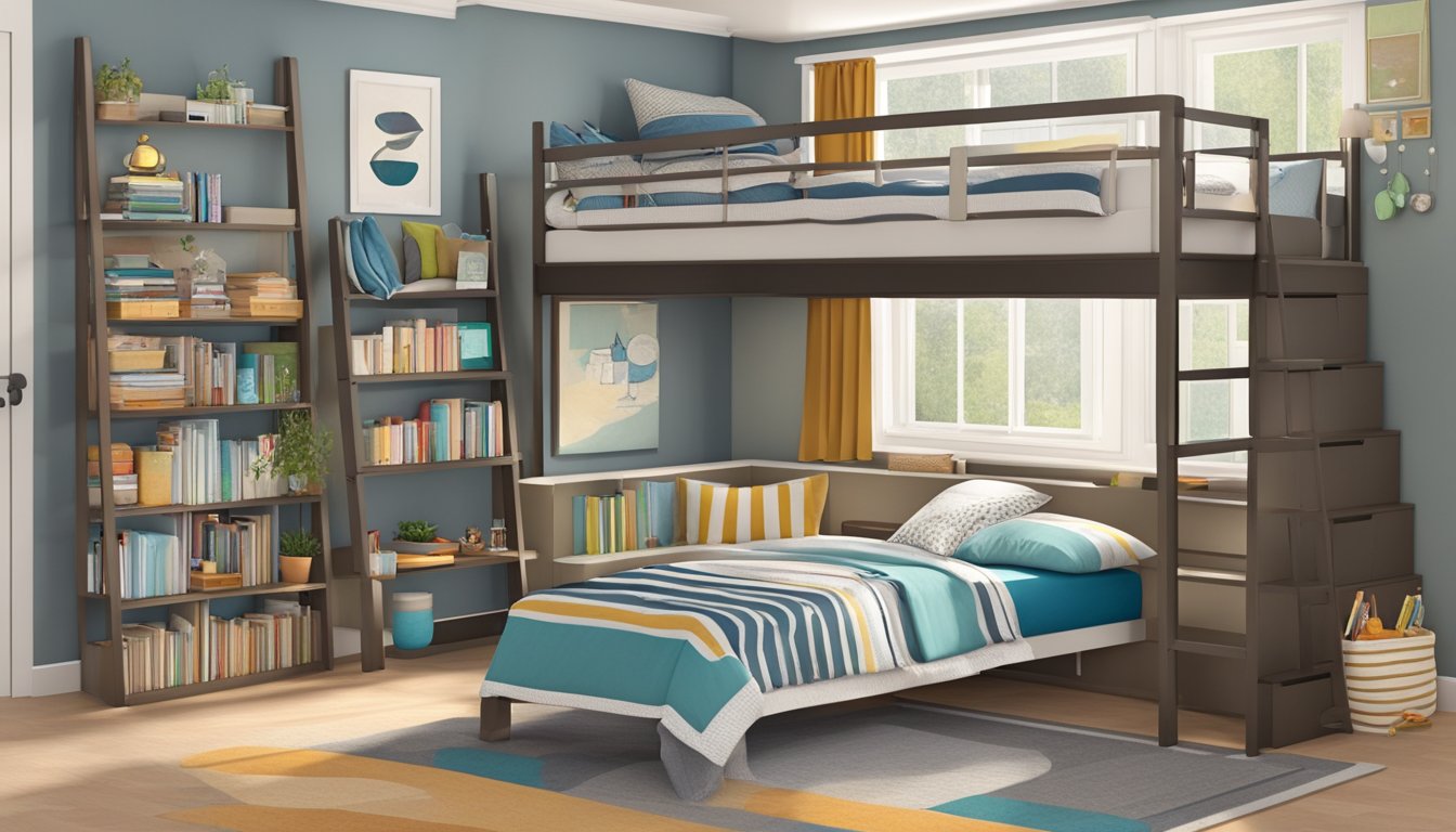 A loft bed with a desk underneath, surrounded by shelves and storage compartments. A ladder leads up to the bed, and a cozy reading nook is tucked into the corner