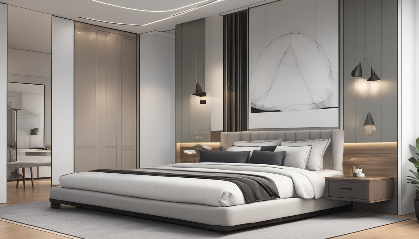 A queen-size bed in a modern Singapore bedroom, with sleek, minimalist design and clean lines. The bed is adorned with luxurious, high-quality linens and pillows, creating an inviting and comfortable space