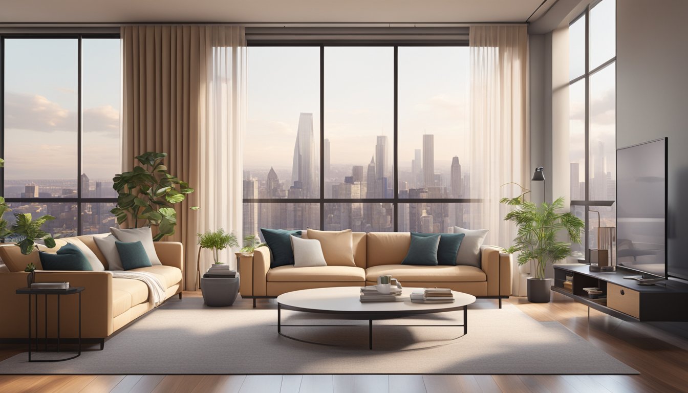 A cozy, minimalist room with sleek furniture, neutral colors, and large windows overlooking a cityscape