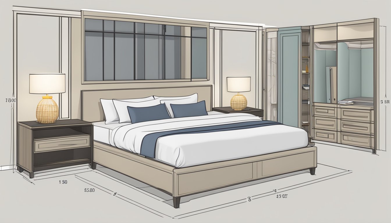 A queen size bed with dimensions labeled in Singapore setting