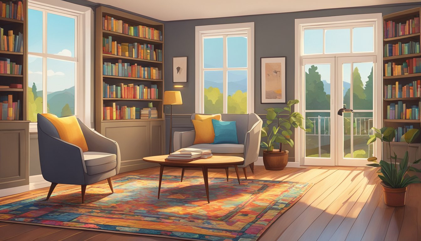 A cozy small room with warm lighting, a comfortable armchair, and a bookshelf filled with colorful books. A large window lets in natural light, and a patterned rug adds a pop of color to the hardwood floor