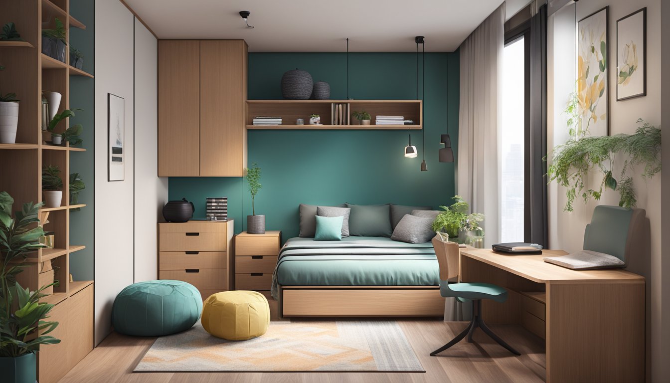 A cozy, modern small room in Singapore with sleek furniture, vibrant accent colors, and clever storage solutions