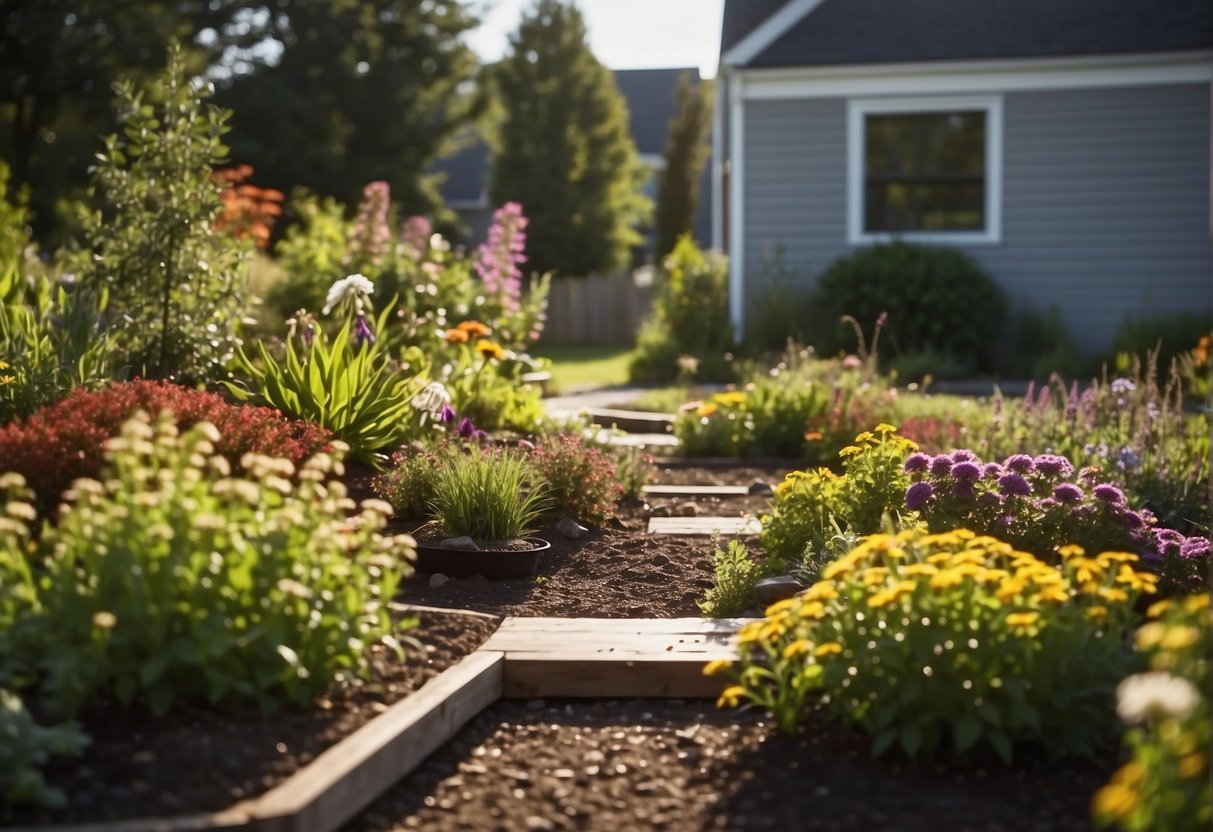 A front yard with native plants, rain barrels, and compost bins. Solar-powered lights illuminate the pathway. A small vegetable garden and a bee-friendly flower bed complete the sustainable landscape