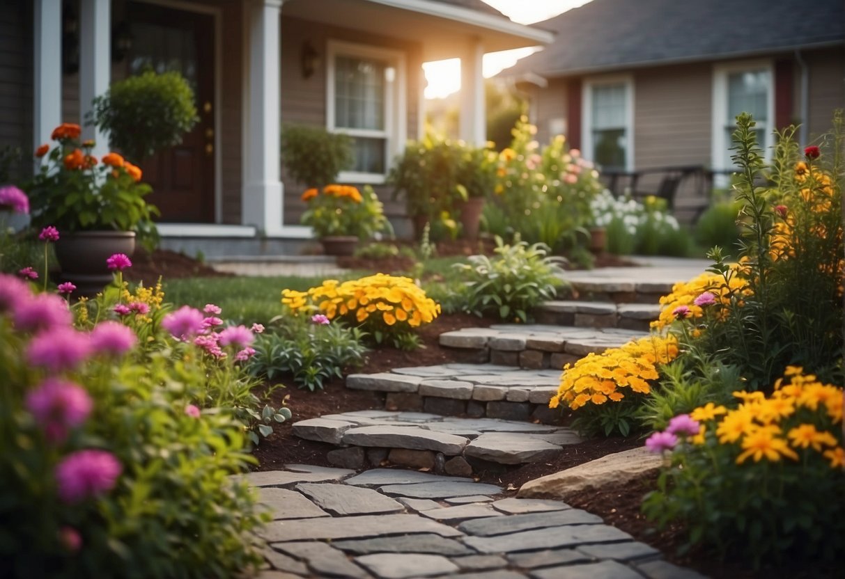 A lively front yard with vibrant flowers, a cozy seating area, and decorative lighting. A pathway leads to the entrance, while a small water feature adds a touch of tranquility